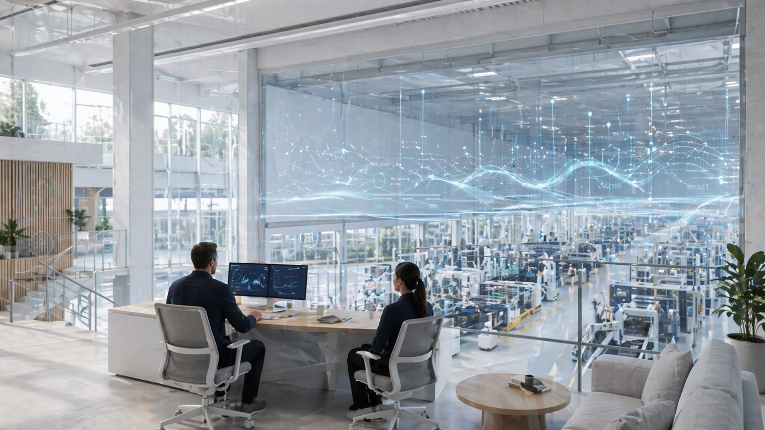 Bright industrial architecture showing a control boundary separating intelligence from execution systems