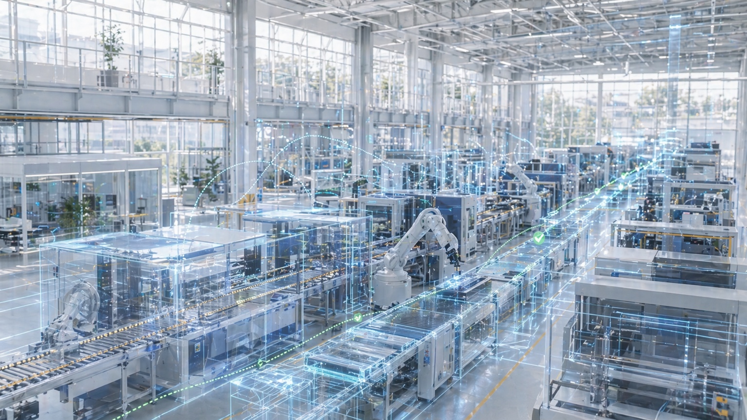 Bright factory line with a transparent digital twin overlay on machines and conveyors