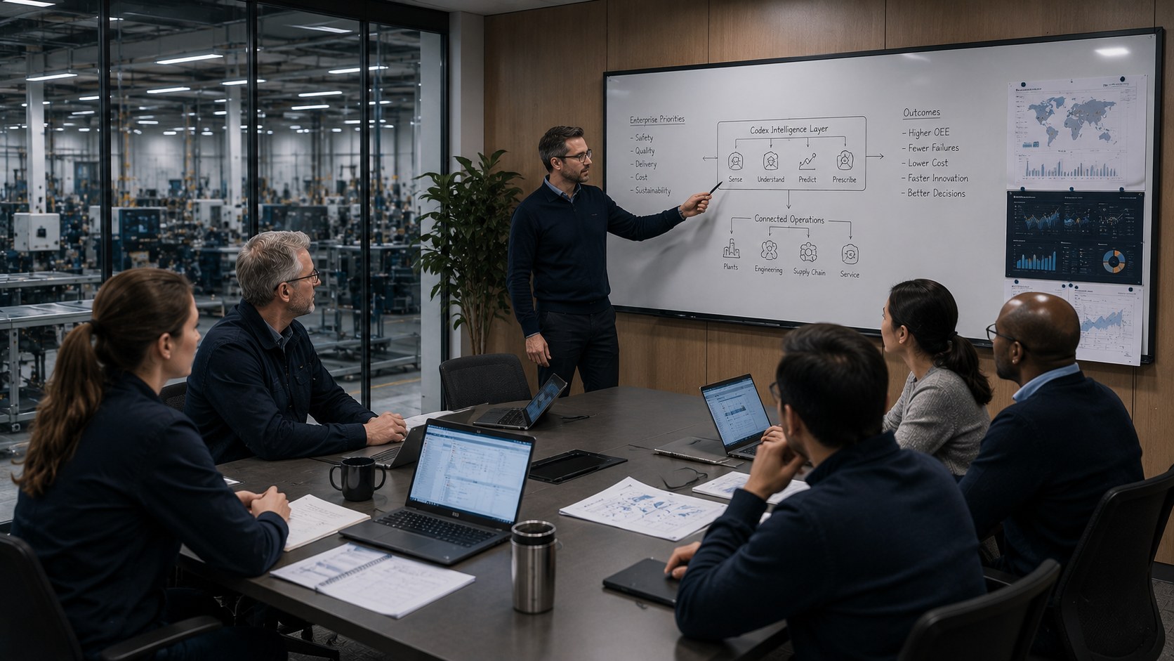 Cross-functional leaders reviewing a shared industrial decision surface