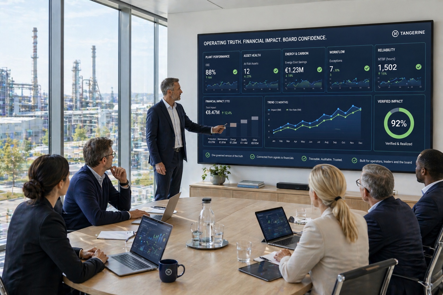 Scandinavian boardroom reviewing operational and financial impact dashboards overlooking an industrial site