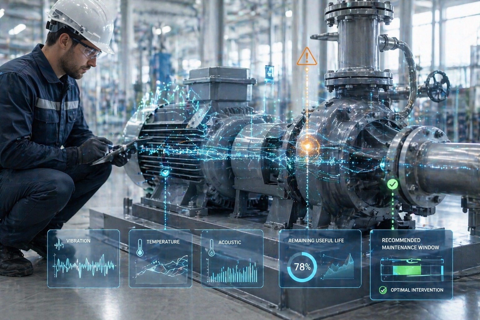 Technician inspecting industrial motor and pump with predictive maintenance overlays